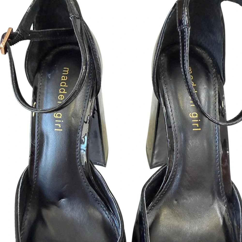 Madden Girl Black Patent Platform Heels‎ Ankle Strap Five Inch Baddie Y2K Grunge